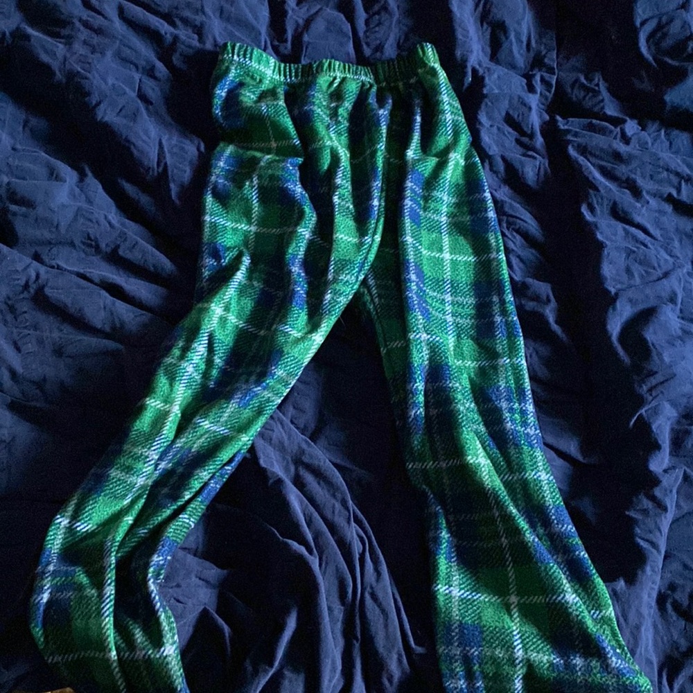 Green blue and white pajama bottoms